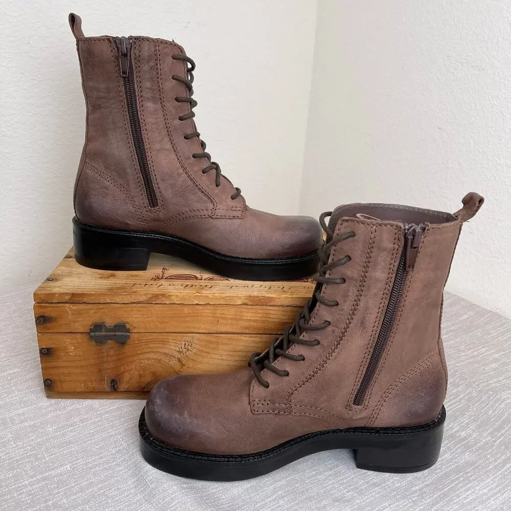 ZARA Women Brown Distressed Combat Boots Lace Up Lug Sole Size 34